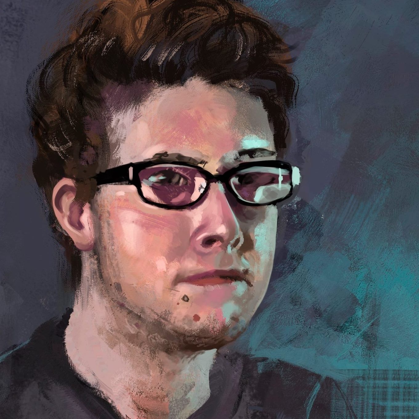 A painted picture of a short haired person with rectangular glasses, with a dark blue-green background.